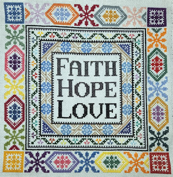 Faith Hope Love stitched by Jane Lecher